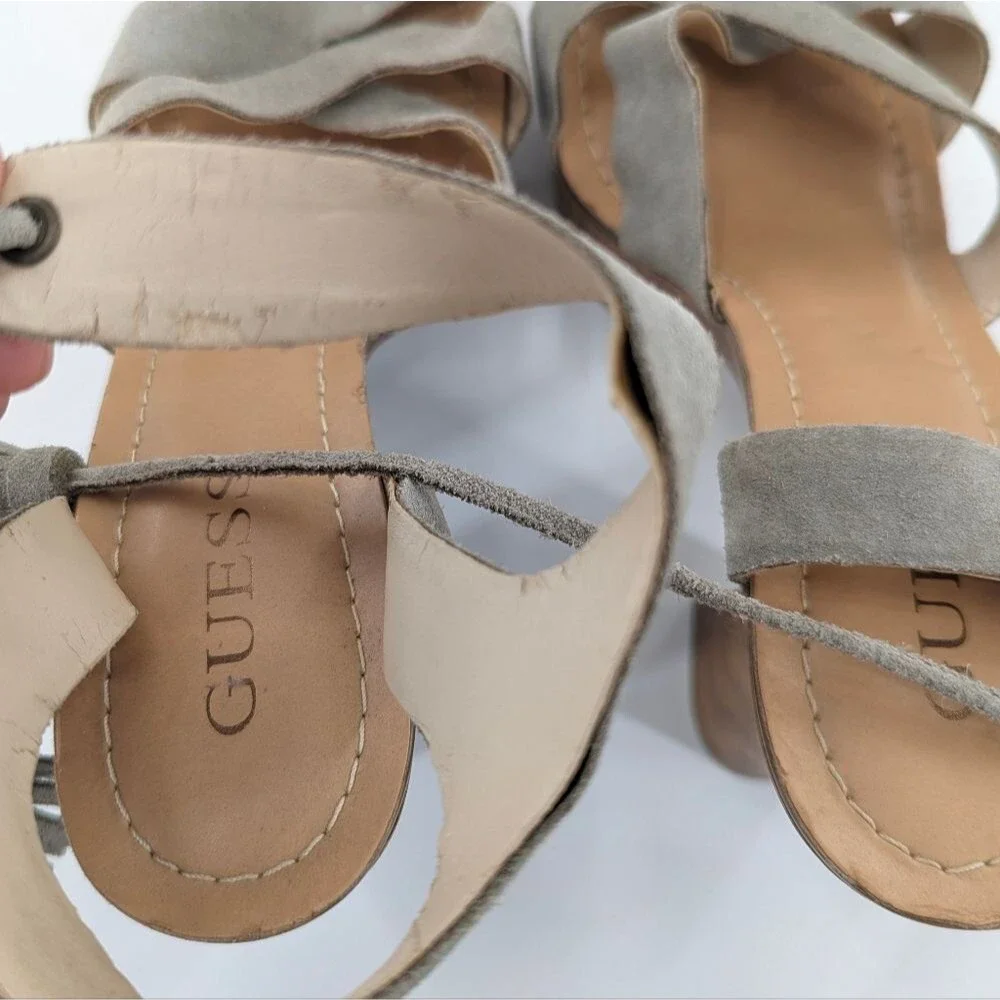 Guess Prenna Suede Leather Tassel Wooden Chunky Platform Sandals Heels Size 9.5